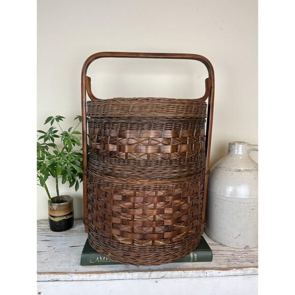 Vintage 2-Tier Chinese Asian Wedding Basket Woven Wicker Rattan Bamboo/Cane Boho - Picture 4 of 12